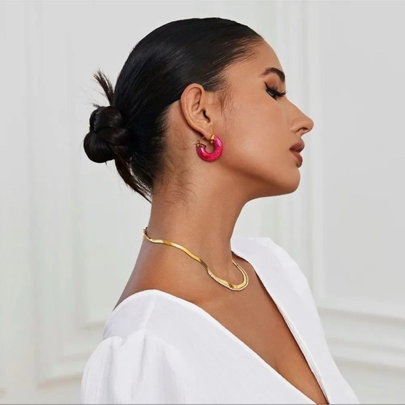 Anthropologie 18K Gold Stainless Steel Pink Hoop Earrings - Picture 1 of 9